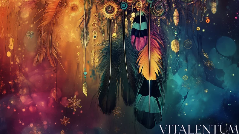 Multicolored feathers and circular ornaments hang in dense layers