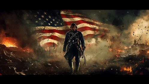 Armed soldier strides through burning warzone, flag behind