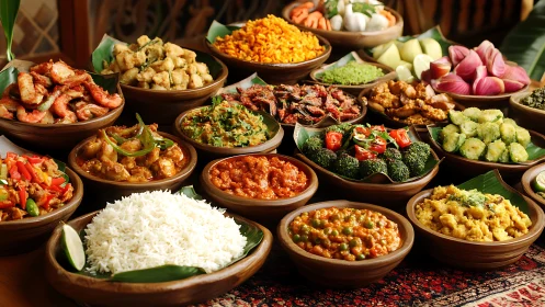 High-saturation South Asian banquet with multiplex curry array.