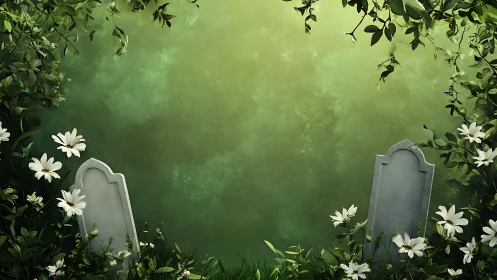 Soft green silence cradles twin gravestones and wild daisies