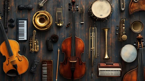 Collection of assorted musical instruments on wooden background.