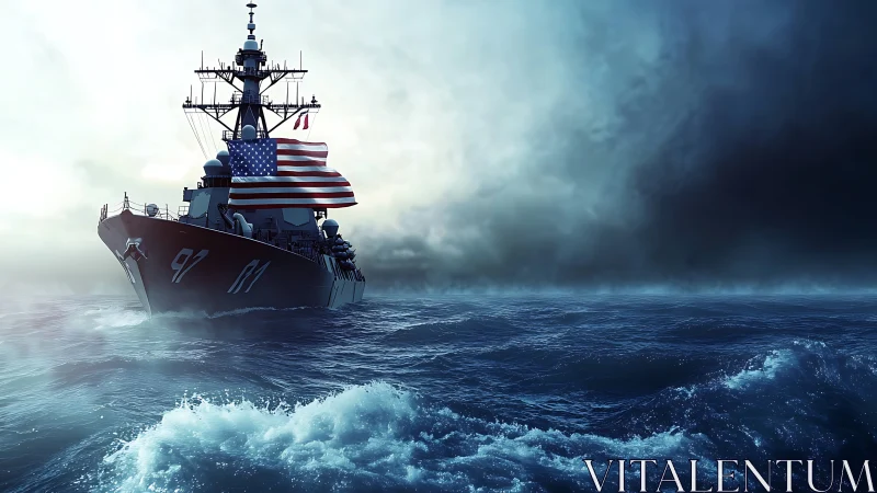 US naval destroyer cuts through storm-lit Atlantic swells.