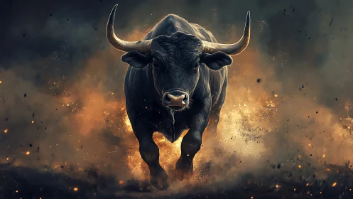 Charging black bull erupts through smoke and glowing embers.