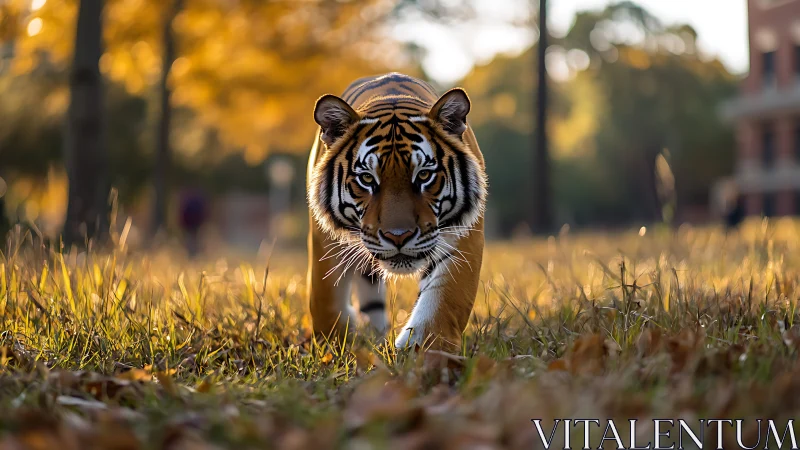 Tiger walks through sunlit grass in shallow depth of field