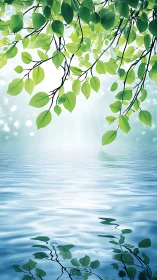 Sunlit green foliage over tranquil reflective water surface.