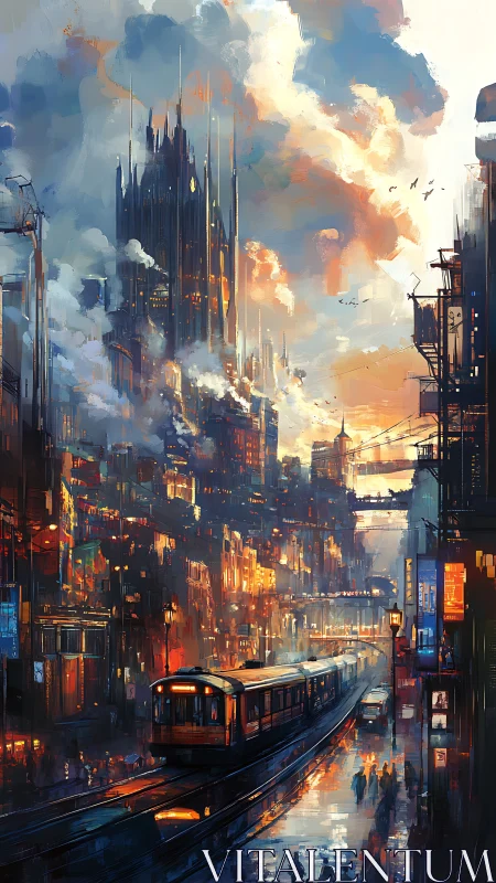 Sunset city trains gliding through a glowing rainy skyline.