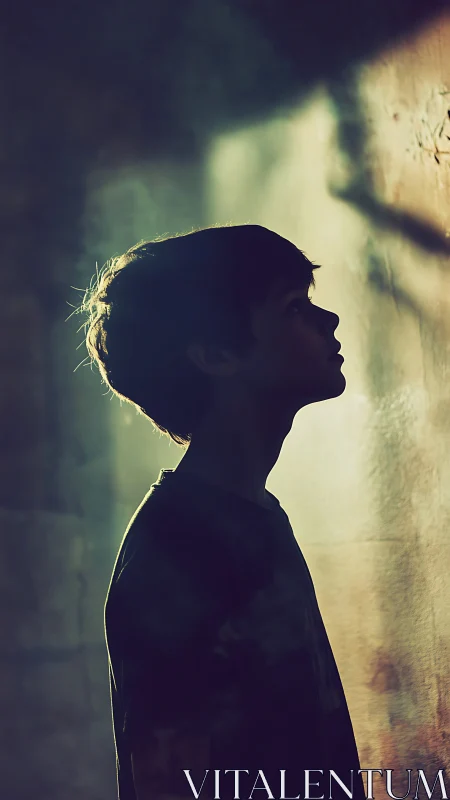 Silhouetted boy gazes upward into shaft of soft light