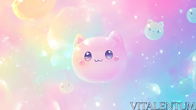 Floating pastel cat-like orbs on soft gradient background.