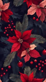 Red poinsettias and pine sprigs form dense festive pattern
