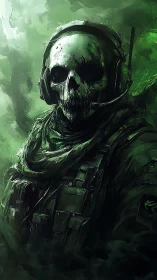 Skull masked tactical soldier with headset in green mist.