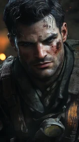 Digital portrait of battle-worn soldier in tactical gear.