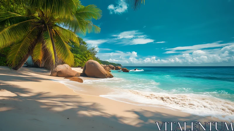 Tropical Seascape with Palm Trees and Granite Boulders.
