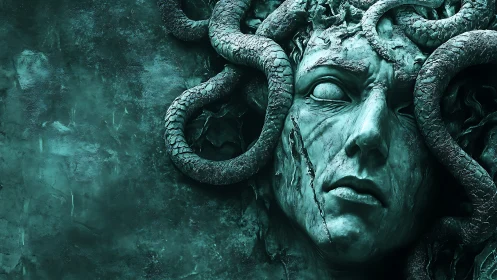 Serpentine stone muse dreaming in cracked emerald silence.