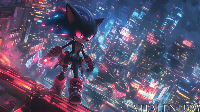 Neon hedgehog vigilante stalks a rain-lit cyberpunk skyline.
