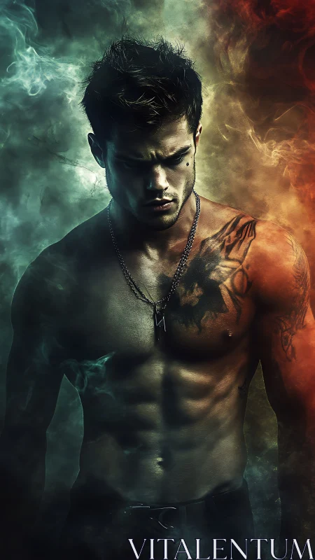 Brooding shirtless warrior framed by swirling colored smoke.