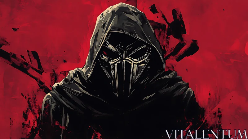 Hooded metallic wraith on red abstract field, digital painting.