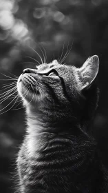 Cat Gazing Skyward: Monochrome Feline Portrait Study.