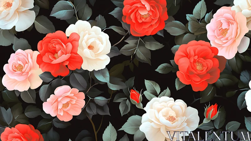 Blooming Garden: Red, Pink & Cream Roses Against Dark Foliage.