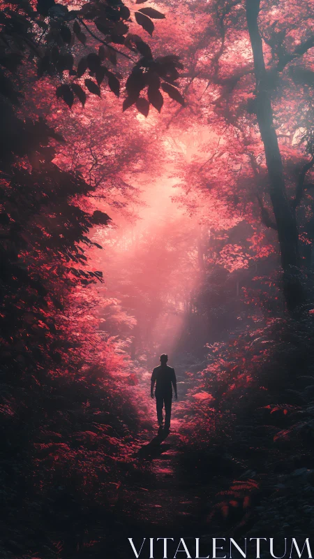 Lone wanderer beneath a neon-blushed enchanted forest sky.