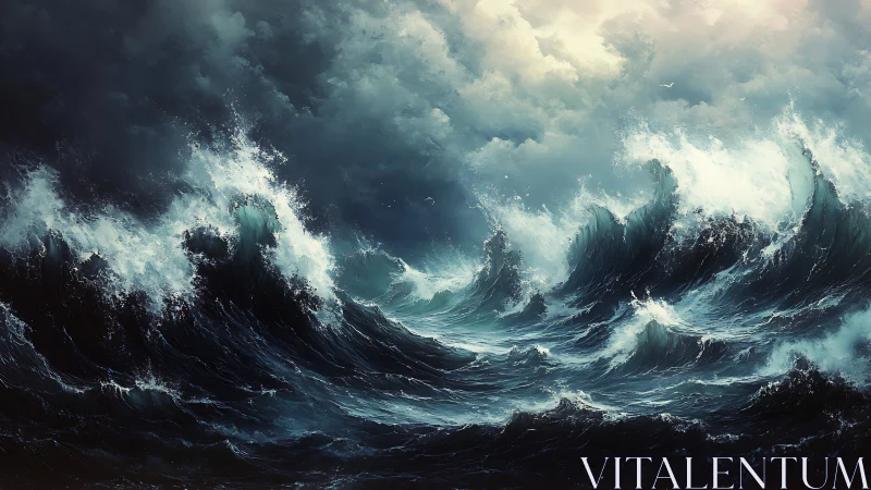 Storm-tossed ocean waves under turbulent clouded sky.