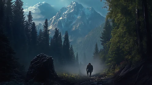 Cinematic digital landscape with lone hiker in alpine pass.