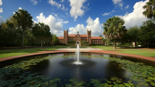 Historic brick campus framed by palms and reflecting pond.