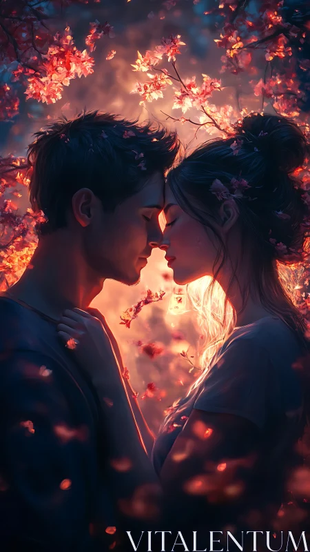 Luminescent Romance: Silhouetted Couple Embraced in Incandescent Floral Glow.