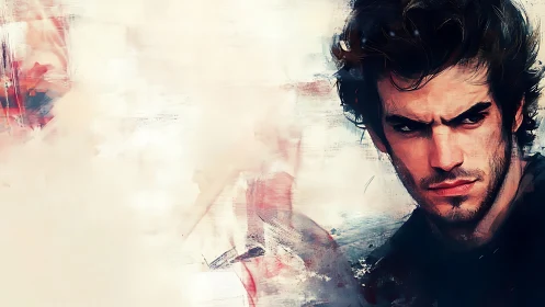 Angular male portrait emerging through abstract pigment haze.