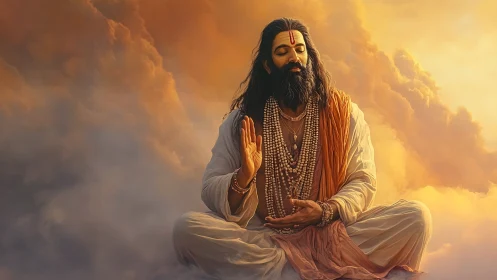 Meditating sage sits in golden clouds with serene blessing