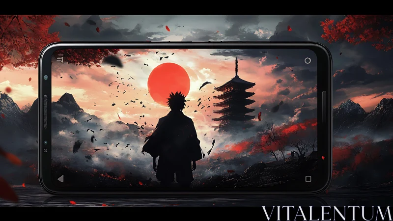 Silhouette wanderer crossing a crimson sun between screens.