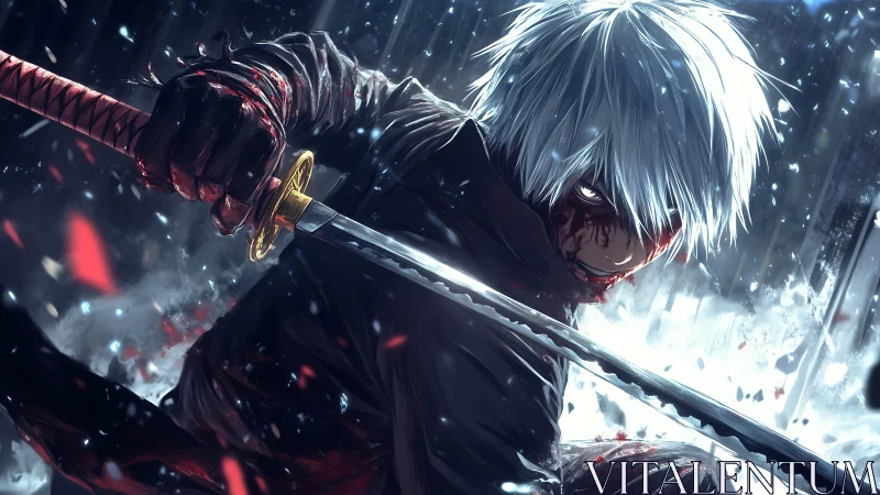 White-haired swordsman holds bloodstained katana in rainfall