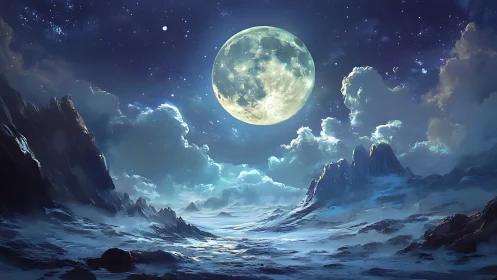 Moonlit frozen valley under vast luminous night sky
