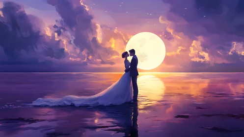 Bride and Groom Silhouetted Against Luminous Sunset Over Ocean.