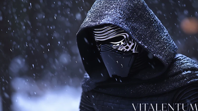 Hooded armored figure in snowfall rendered with cinematic bokeh
