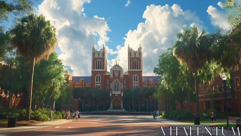 Brick campus hall rises under dramatic clouds at sunset