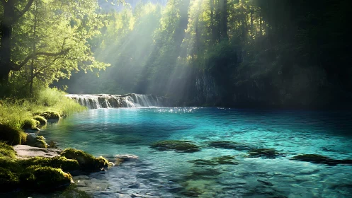 Sunlit forest waterfall over turquoise spring-fed lagoon