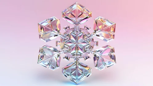 Crystal snowflake close-up on pastel gradient background, digital art.