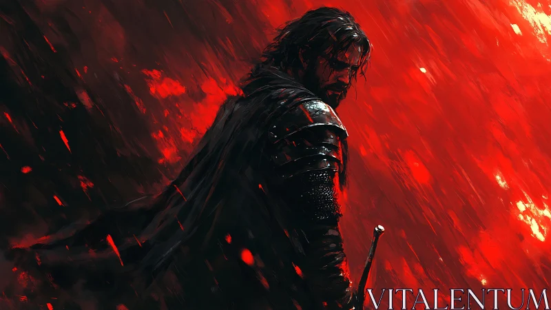 Armored swordsman in dark cloak against red abstract field.