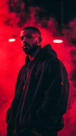 Man in dark hoodie stands in dense red fog at night