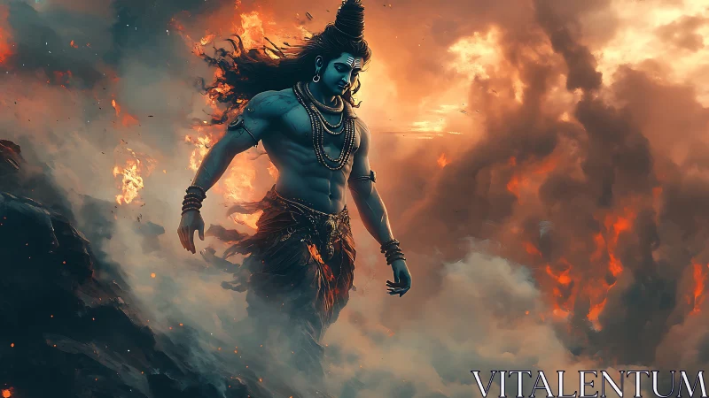 Mythic blue deity strides through storm and fire clouds.