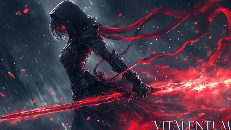 Hooded armored figure holds elongated red energy blade horizontally