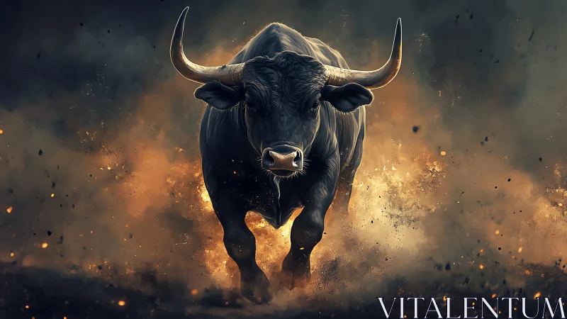 Charging black bull erupts through smoke and glowing embers.
