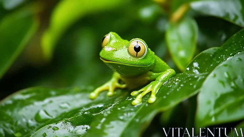 Rain-bright jungle frog pauses mid-leap on glossy leaves