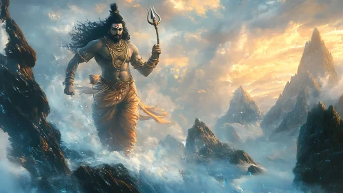 Mythic warrior strides through storm waves and jagged peaks