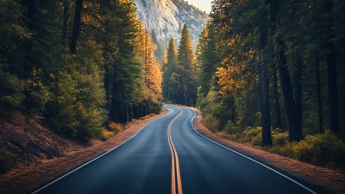 Winding passage where autumn-blazed forest frames an endless ribbon of asphalt