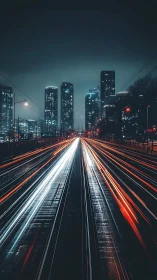 Night city skyline with long exposure traffic light trails