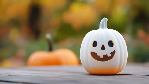 Ceramic jack-o-lantern on timber surface with shallow depth of field.