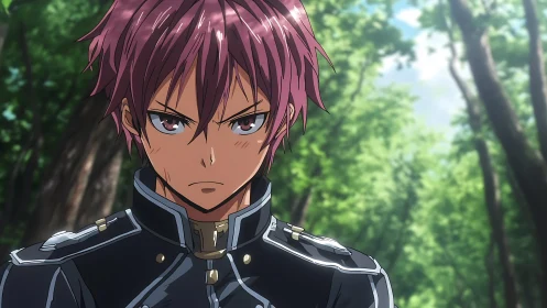 Anime soldier stands in forest clearing under soft daylight