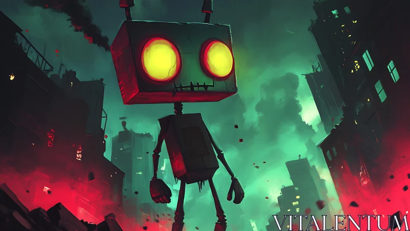 Neon-eyed robot strides through apocalyptic city glow.