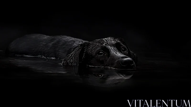 Black dog quietly swims through shadowed, reflective water.